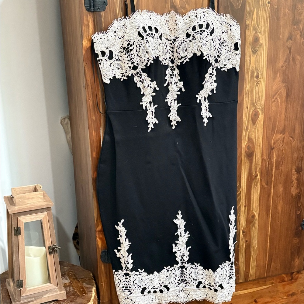 Haute Monde Strapless Black Dress with White Lace
